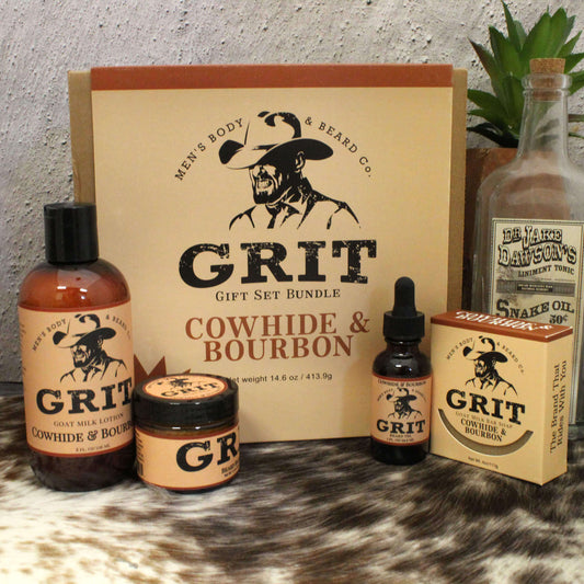 GRIT gift set bundle with bottles and packaging on a textured surface