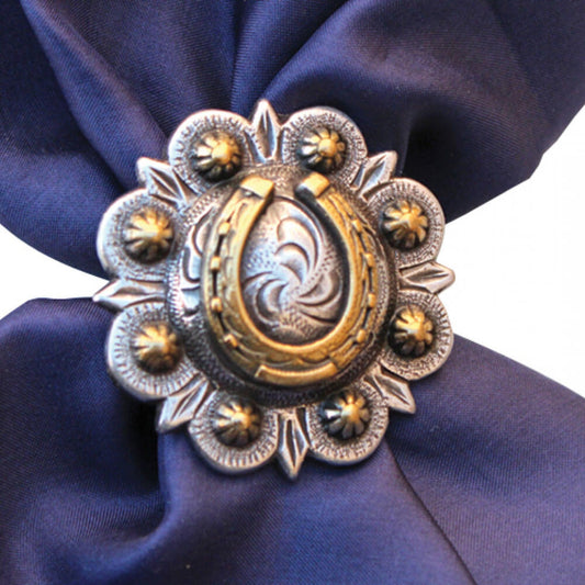 Secure your wild rag with a Cattle Kate Scarf Slide. This design features a brass horseshoe centered on a berry concho of solid nickle. An etched design borders the round slide measuring 1 1/2" diameter this slide is sure to last.