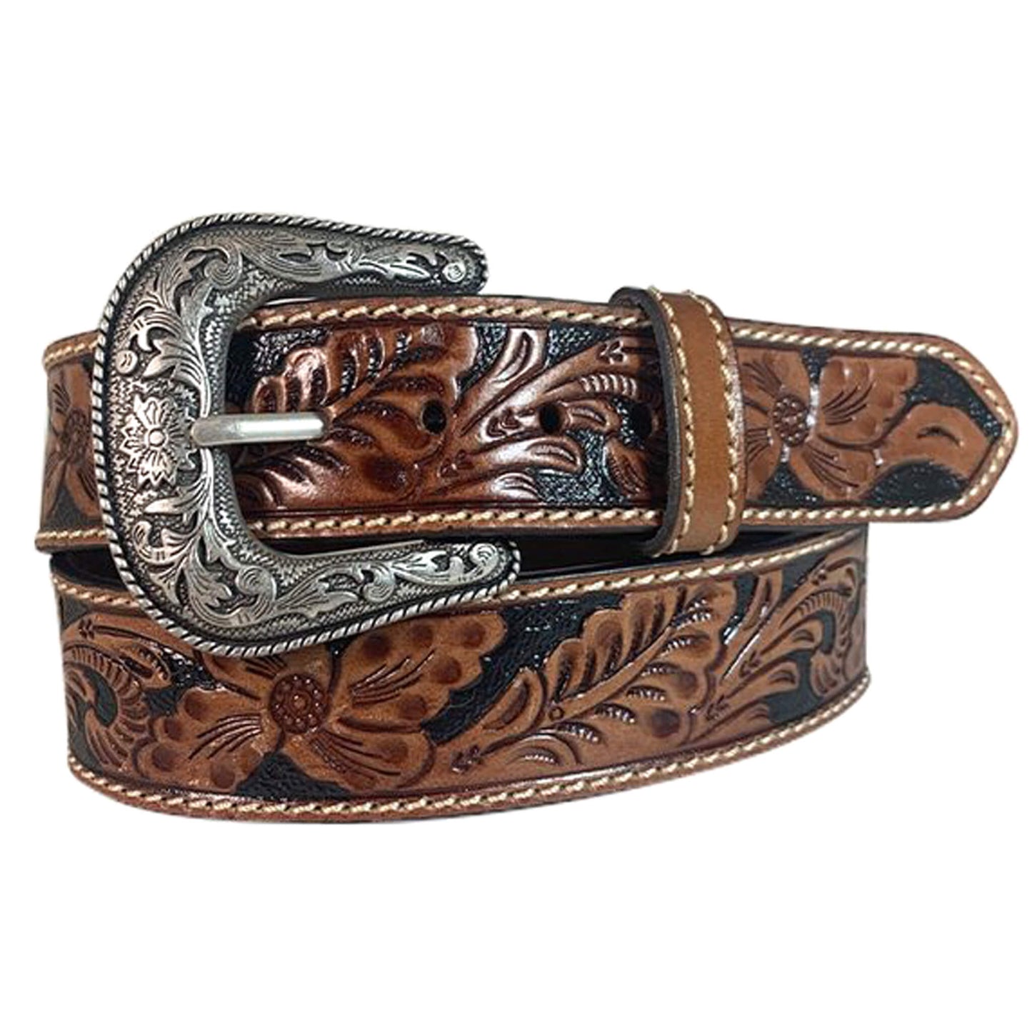 Bridle Full Grain Leather belt with floral hand tooled strap, textured background, contrast single stitched edges, 7 point end holes for better fit and comfort, and removable Western buckle in silver finish. Measures 1-1/2" Wide. 