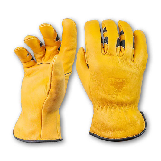 Pair of yellow leather gloves on a white background