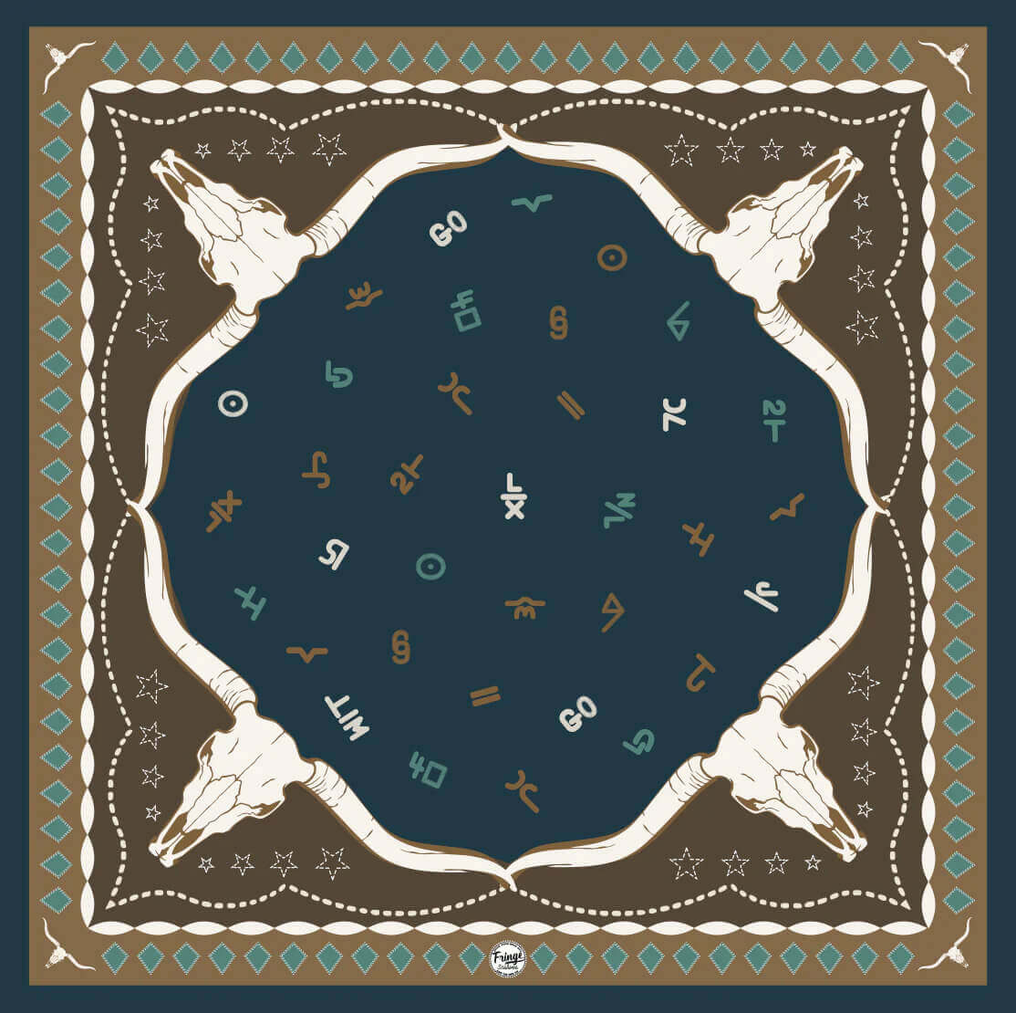 Hooked Longhorn Western Silk Scarf featuring longhorn skulls and classic cattle brands in a stylish design.