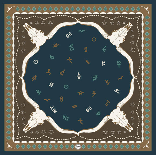 Decorative scarf with horse skulls, stars, and symbols on a dark blue background