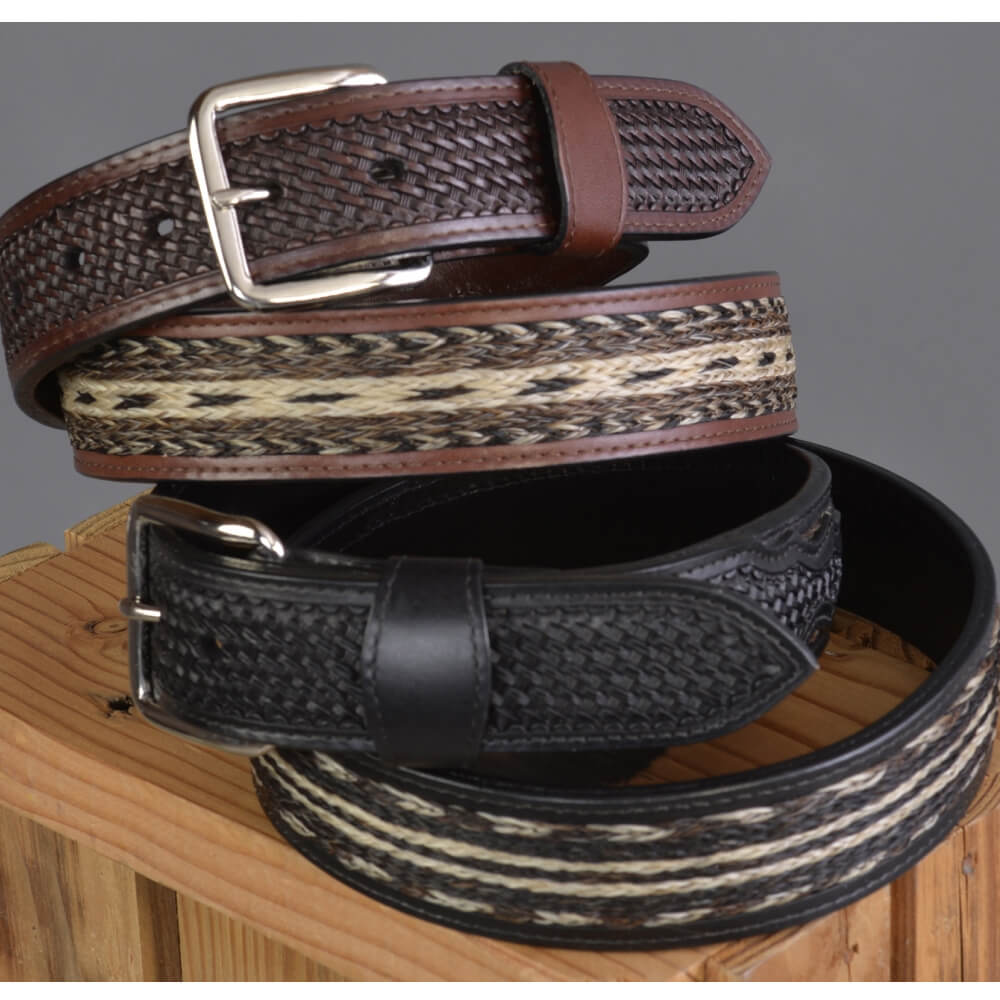 Made of 100% genuine leather with a 1" of braided horsehair through the center, this belt is constructed with superb craftmanship. Backside of belt is all leather. Measures 1-1/2" wide and has a removable buckle.