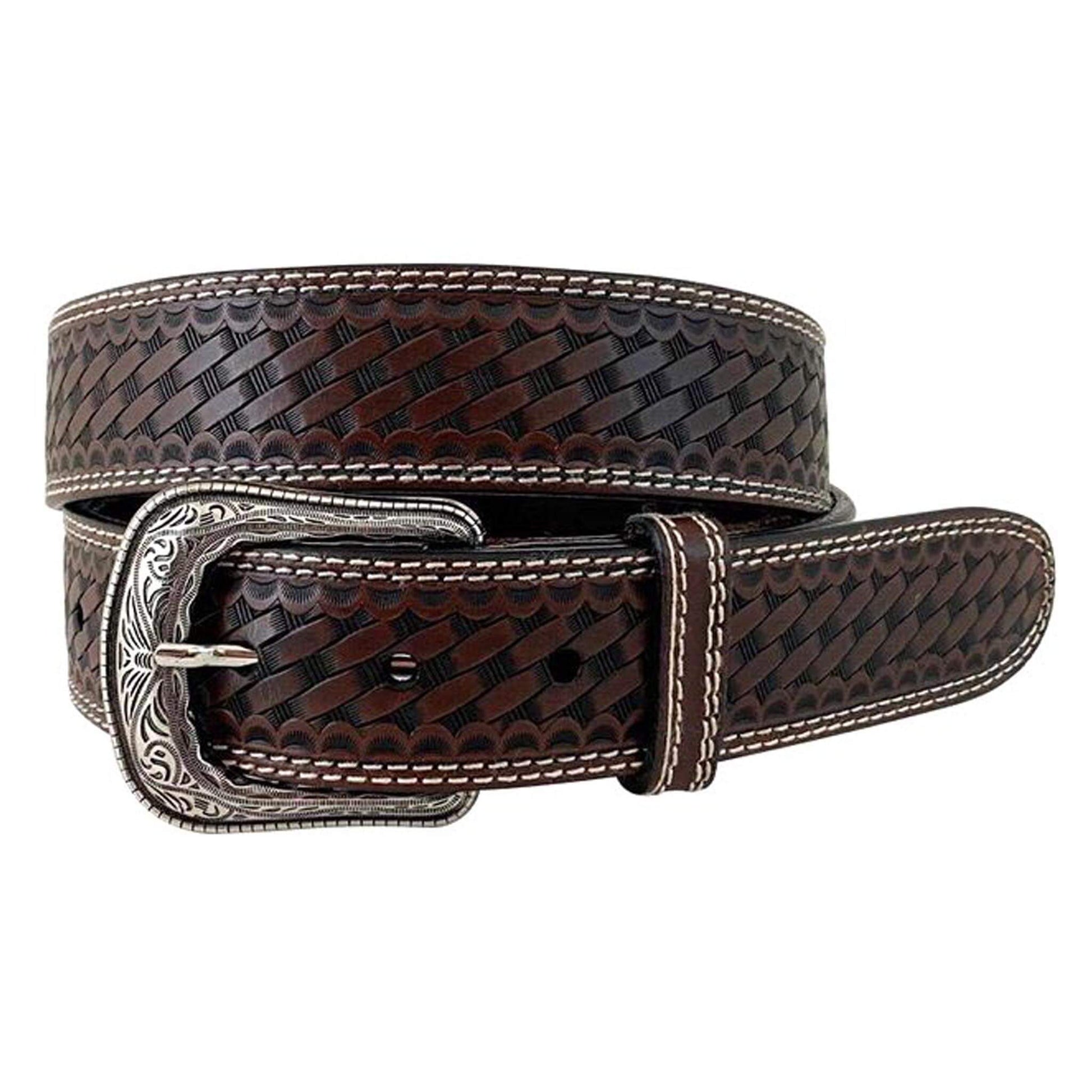 Mauritius Cognac Genuine Leather belt with basket weave embossing, cream double stitched edges with burnished effect, plain flat loop with cream single stitched edges, removable Western buckle in silver finish, and 7 point end holes for better fit and comfort. Measures 1-1/2" wide with removable buckle.