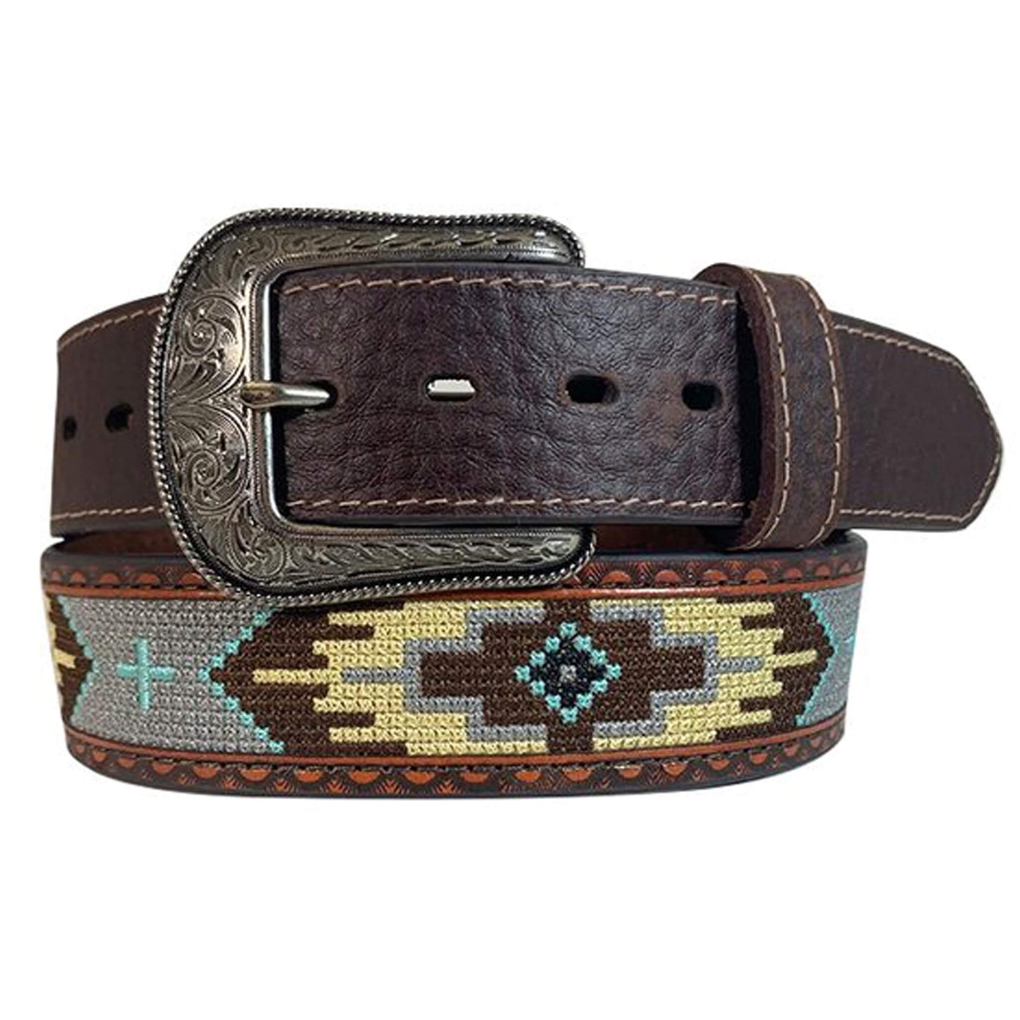 Genuine Leather belt with pebble grain end tabs accented with single contrast stitched edges, Aztec/cross embroidered design inlay, emboss leather trim with burnished edges, removable buckle in silver finish, and 7 point end holes for “Better Fit.” Measures 1-1/2" wide. Imported