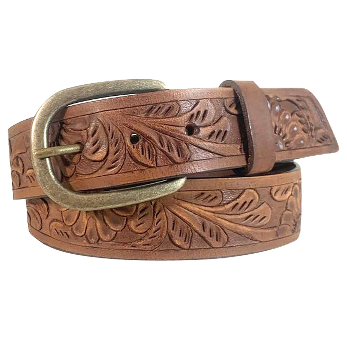 Genuine Leather belt with two toned floral hand tooled strap, cut non-stitched edges, and buckle in Antique Brass finish. 1-1/2" wide with removable buckle. 