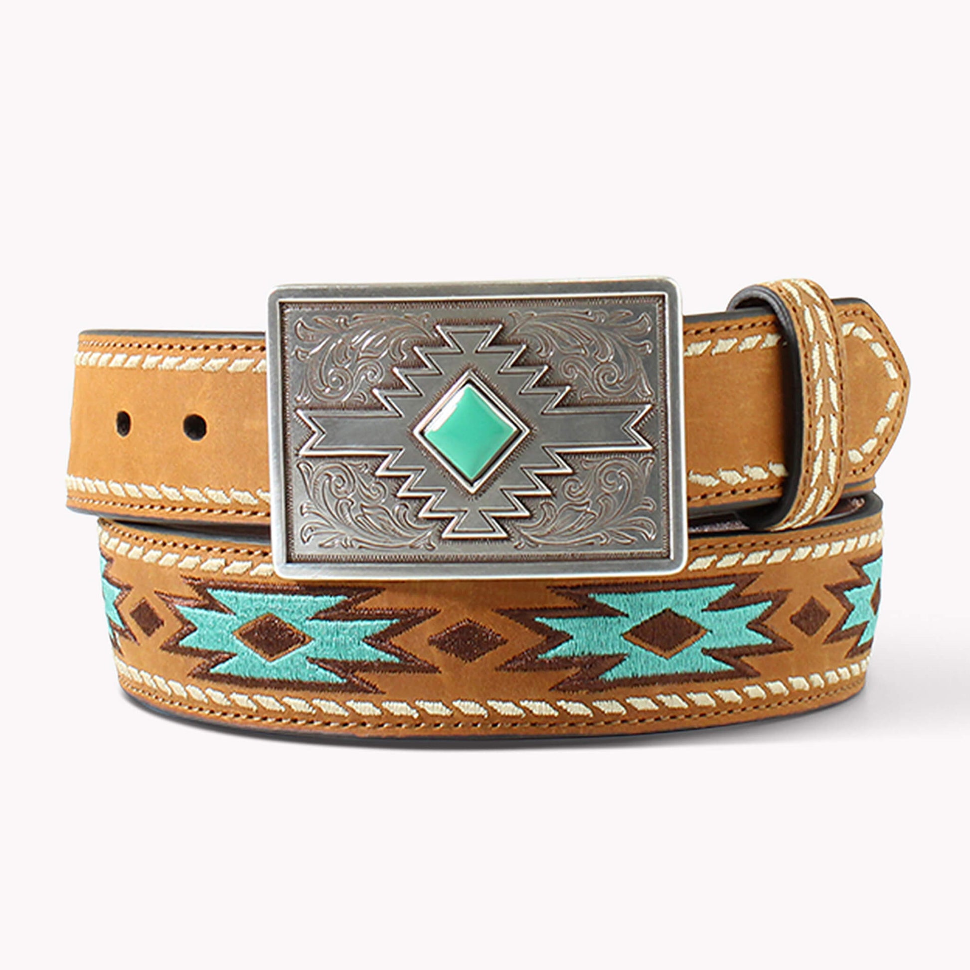 This ladies belt is so stylish and vibrant. Genuine leather with white buck lace stitching that runs the outer edge of the belt. The inlay is designed with an embroidered turquoise pattern. Will go with a variety of styles and looks. Imported.