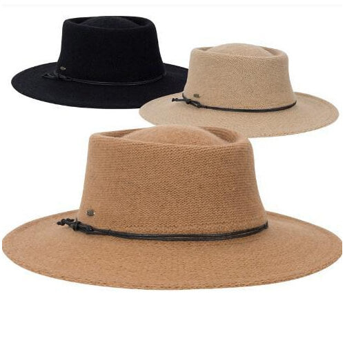 Soft, crushable wool blend bolero gaucho hat. Flat brim, 3.25" wide. Waxed cord band with tails. Ribbon inner band with drawstring to adjust size. One size. 100% wool knit felt.