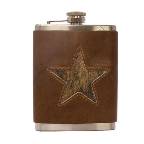 Keep your spirits close to you in this star hair inlay and leather covered stainless steel flask. Hair and leather color will vary slightly due to the natural components of the materials. Holds 8 fluid ounces. 5-5/8" wide 4" thick ¾" (hip shape).