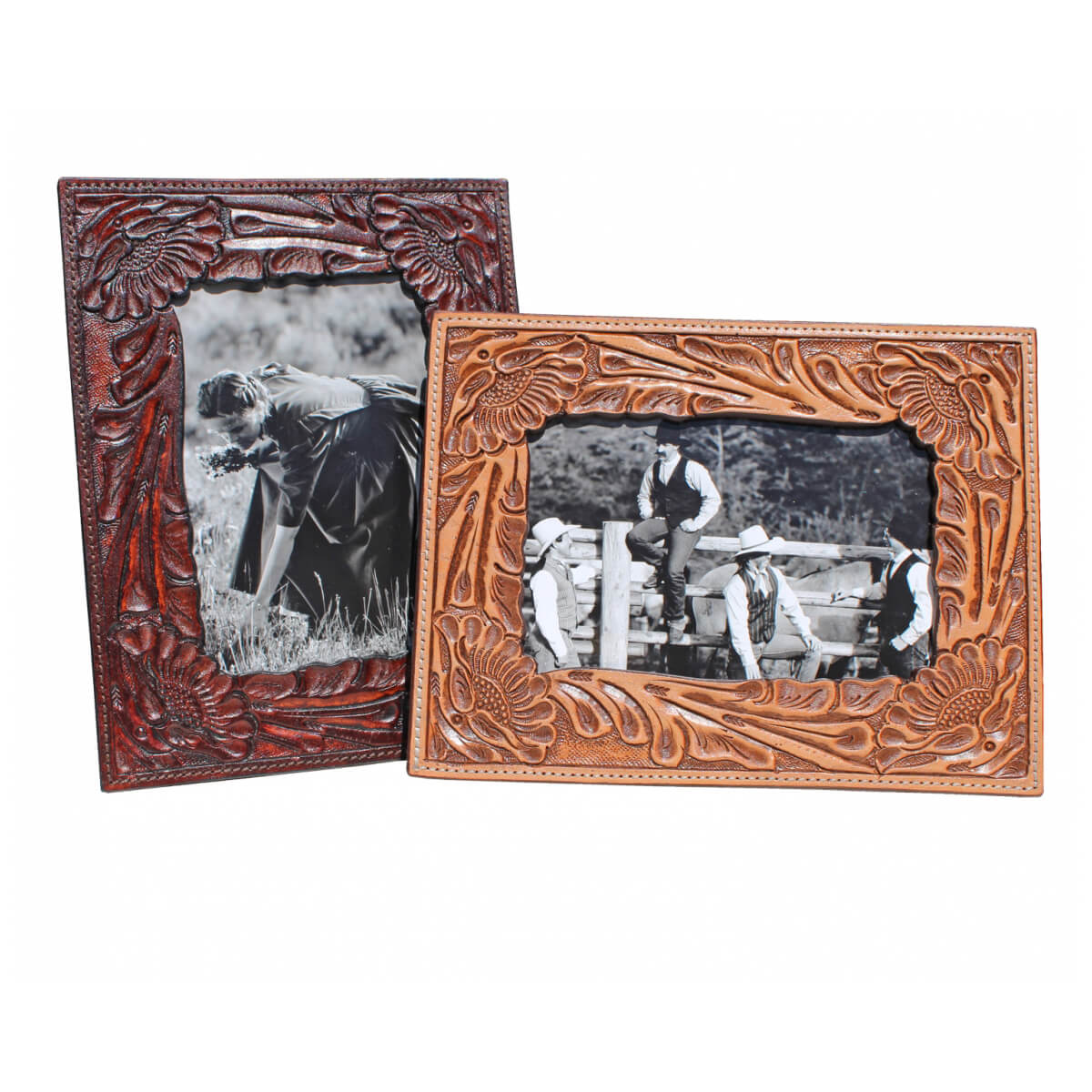 Frame your favorite memory with a hand-carved leather frame. The beautifully crafted leather has a magnetic back that attaches to a metal back with a stand so it is super easy to change photos. Sits horizontal or vertical. Does not hang on wall. Measures 6-1/4" x 8-1/4" and fits a 4x6 photo. Made in Mexico.