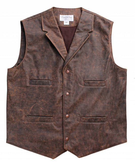 This authentic western style vest is perfect for everyday wear or Old West Re-enacting.  Our Leather Frontier vest is crafted front and back from rugged genuine leather with a rich distressed finish. A classic cut with back yoke and four handy welt pockets. Vest is lined in cotton twill and has a copper snap closure. Made in USA. Dry Clean