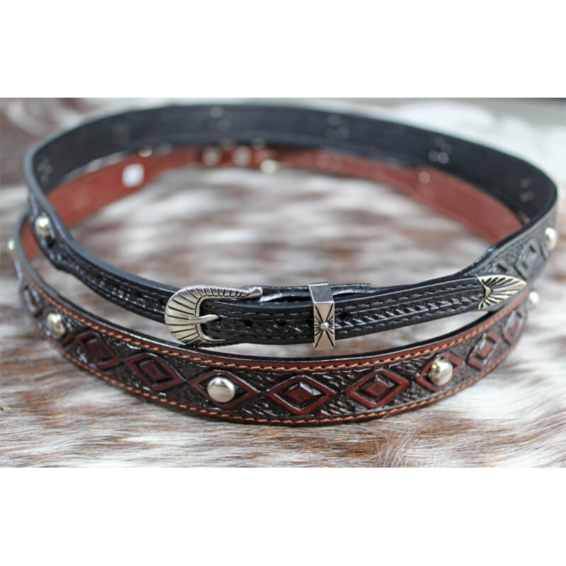 Change and enhance the look of your cowboy hat with one of these leather embossed hatbands with silver studs. Measure 3/4" wide with buckle closure. Made in USA.