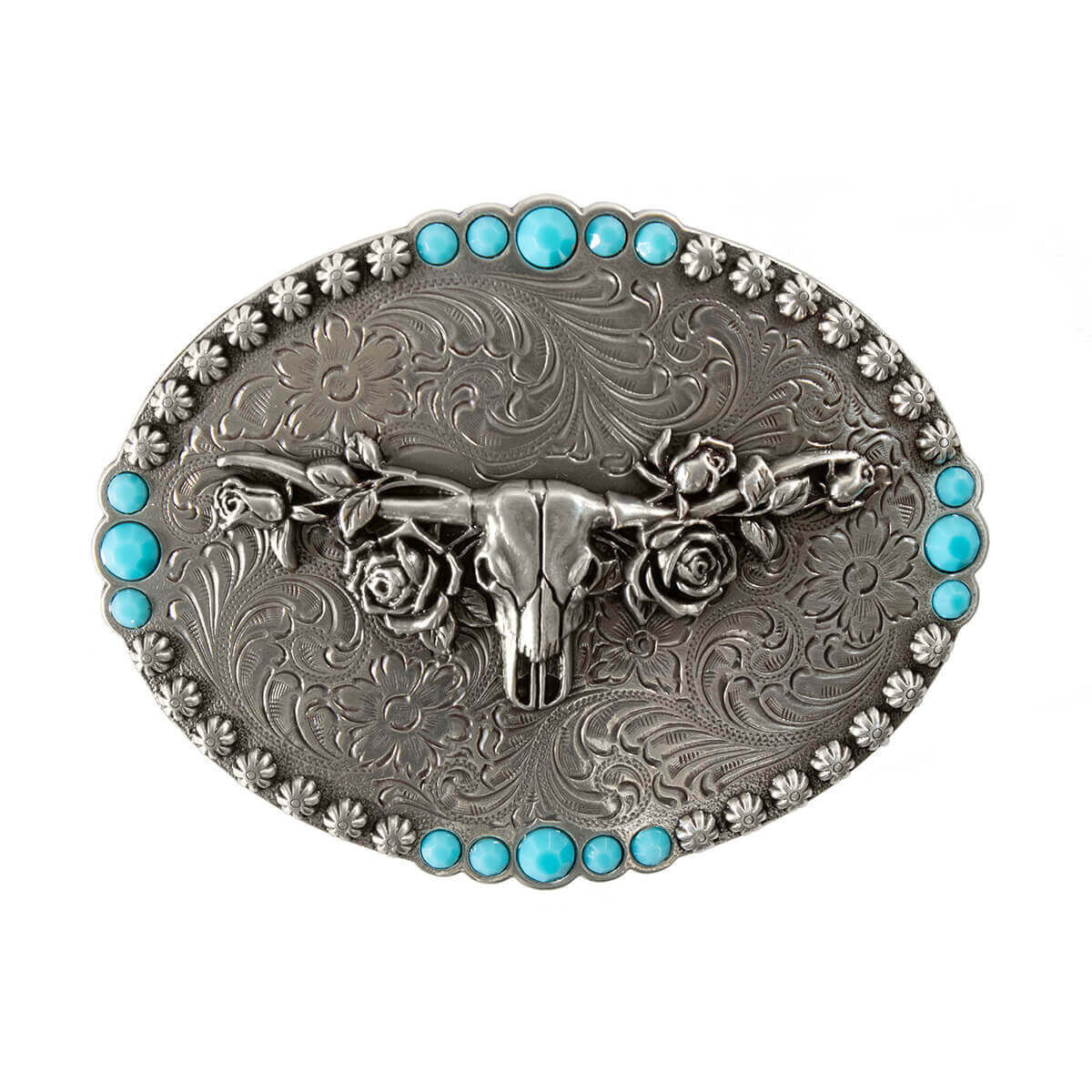 Ladies Longhorn & Roses Turquoise Western Belt Buckle with intricate silver detailing and turquoise accents.
