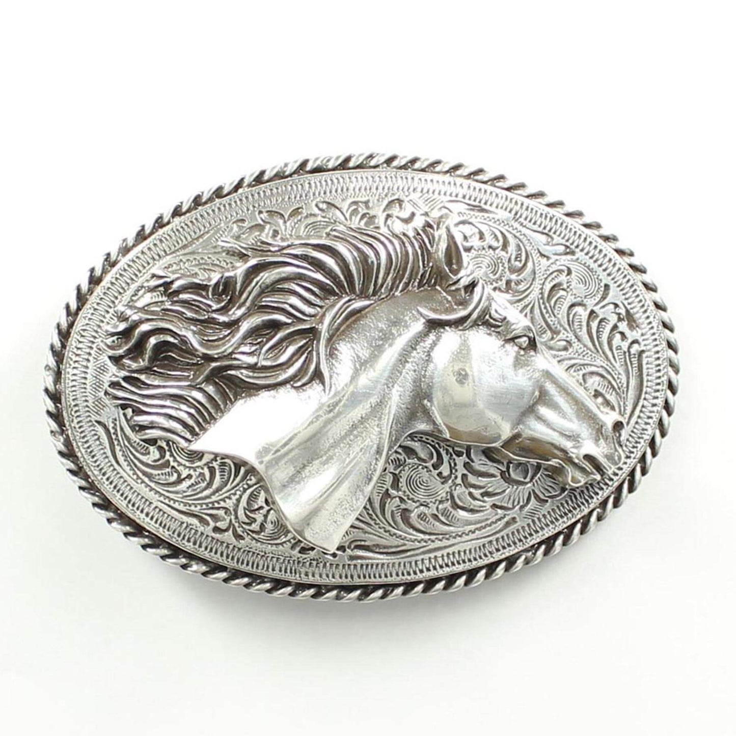 <span data-mce-fragment="1">Feel wild and free in this ladies western buckle featuring a horse head with the hair blowing in the wind on a&nbsp;</span><span data-mce-fragment="1">silver oval shaped buckle.. Measures: 2 5/8" X 3 ½".</span>