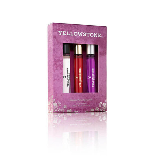 Three Yellowstone perfume bottles in a decorative box on a white background