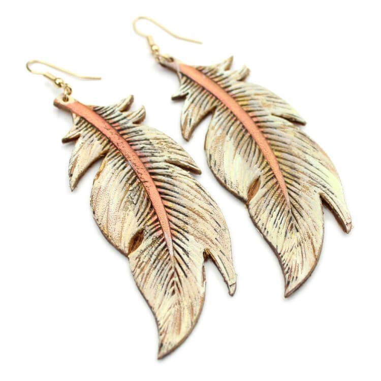 Leather Embossed Feather Earrings