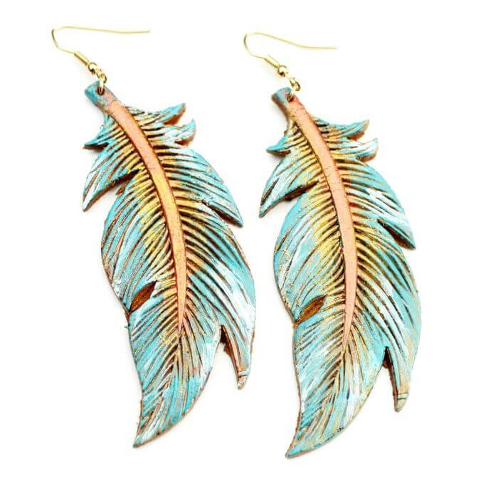 Leather Embossed Feather Earrings