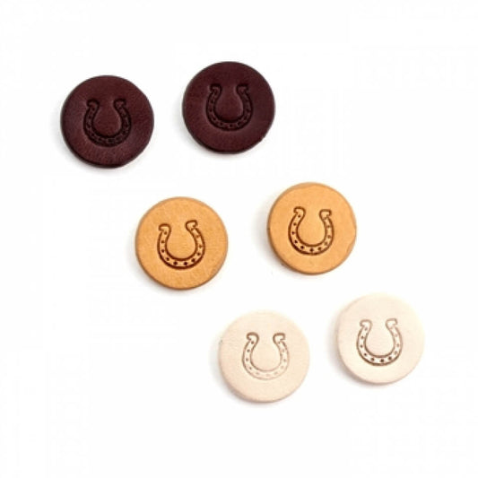 These little leather embossed horseshoe stud earrings are so cute you will want one in each color. Choose from brown, tan or ivory. Measures 1/2" diameter