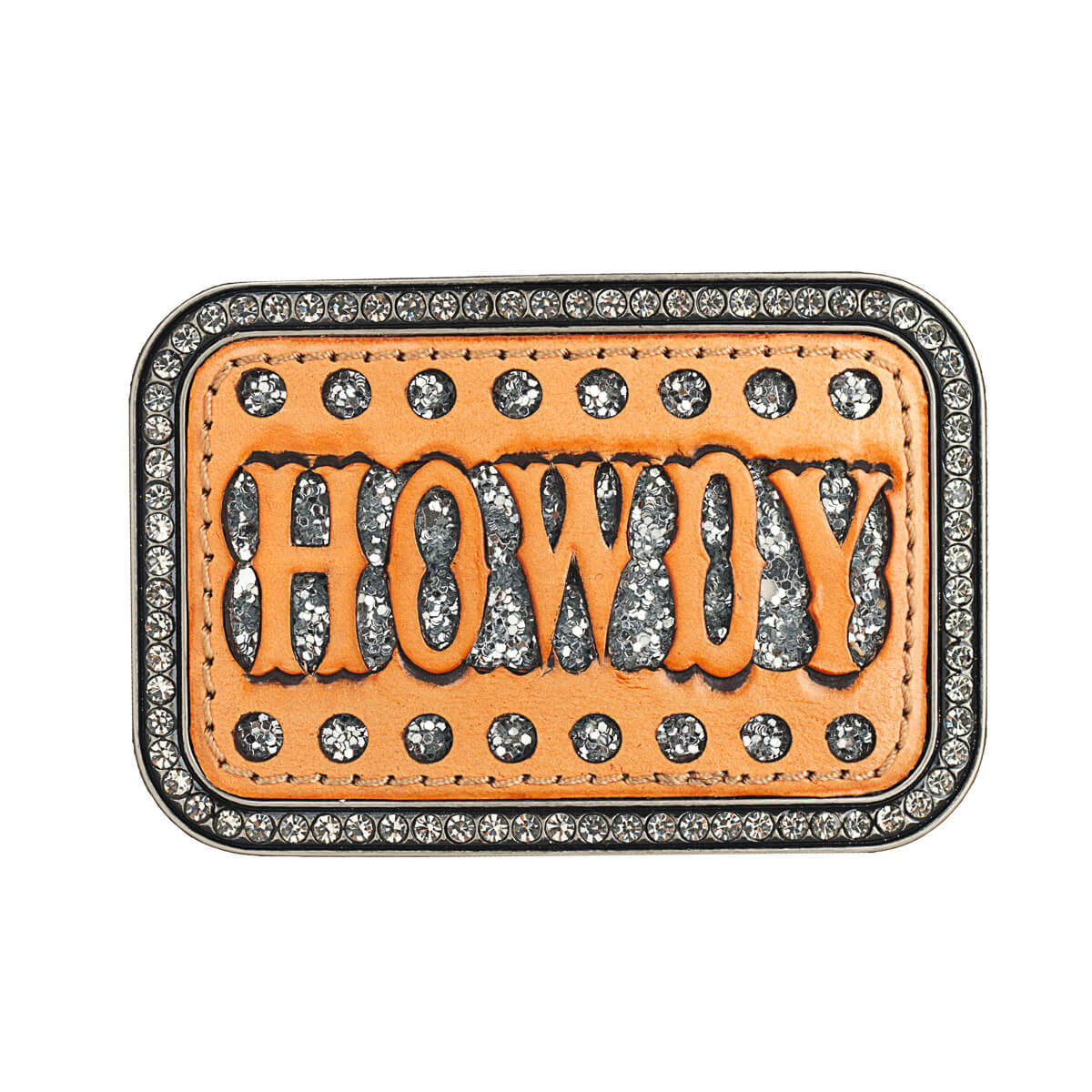 This smooth edge buckle has small clear crystals on the outer edge. Howdy wording filigree in a tan leather overlay with a silver glitter underlay. 2-1/2 x 3-1/2