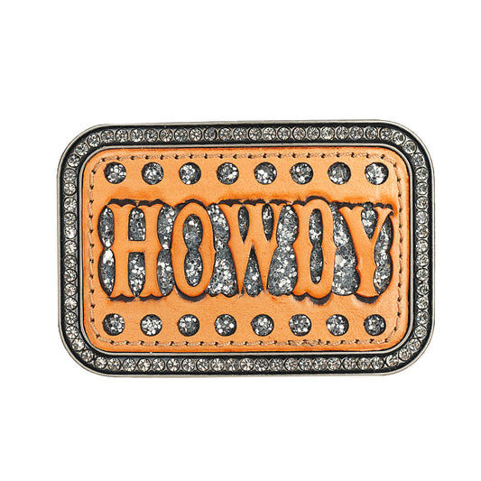 This smooth edge buckle has small clear crystals on the outer edge. Howdy wording filigree in a tan leather overlay with a silver glitter underlay. 2-1/2 x 3-1/2