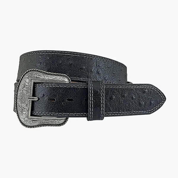 Black leather belt with silver buckle on a white background