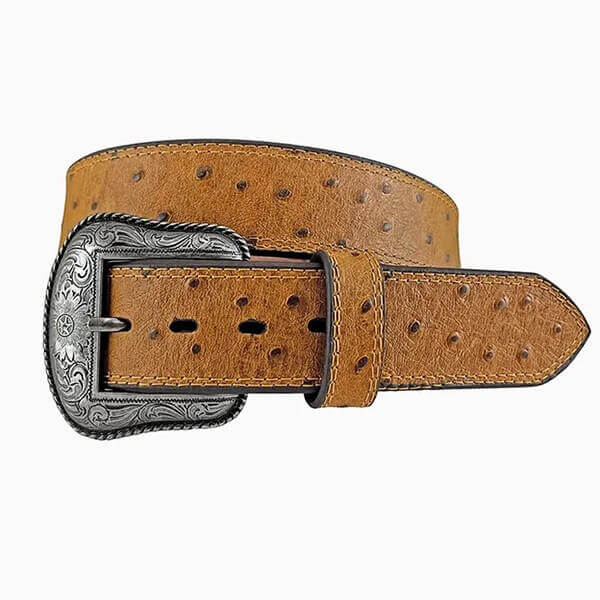 Brown leather belt with a silver buckle on a white background