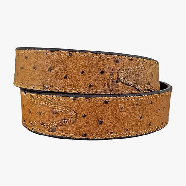 Brown leather belt with a subtle pattern on a white background