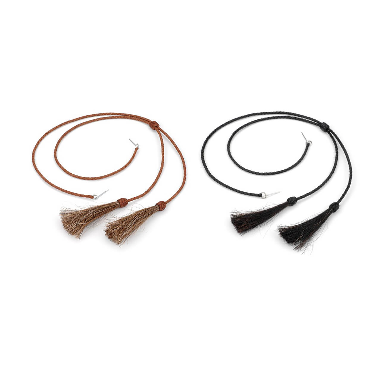 Braided Leather Stampede Strings with horse hair tassels. Solid black. Fastens to hat with cotter pins that push between the sweatband and the hat. Length: 27 inches.