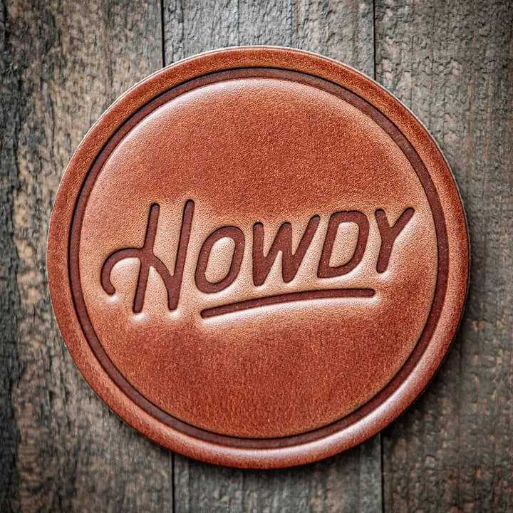 A round brown leather coaster with the word 'Howdy' embossed in the center, displayed on a rustic dark wood background.