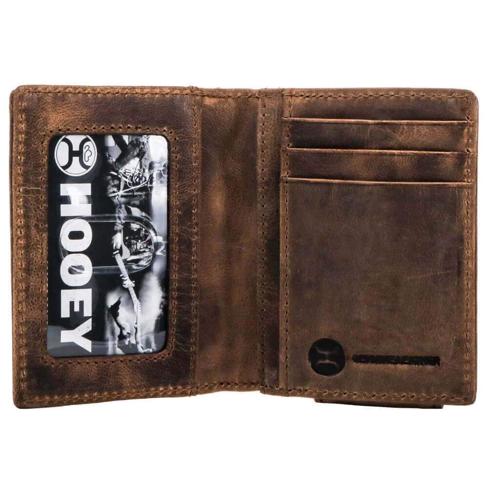 Liberty Embossed American Flag Hooey Bi-Fold Money Clip interior view showing card slots and authentic leather details.