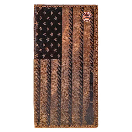 Liberty Embossed American Flag Western Rodeo Wallet featuring a classic weathered leather design with an embossed American flag.