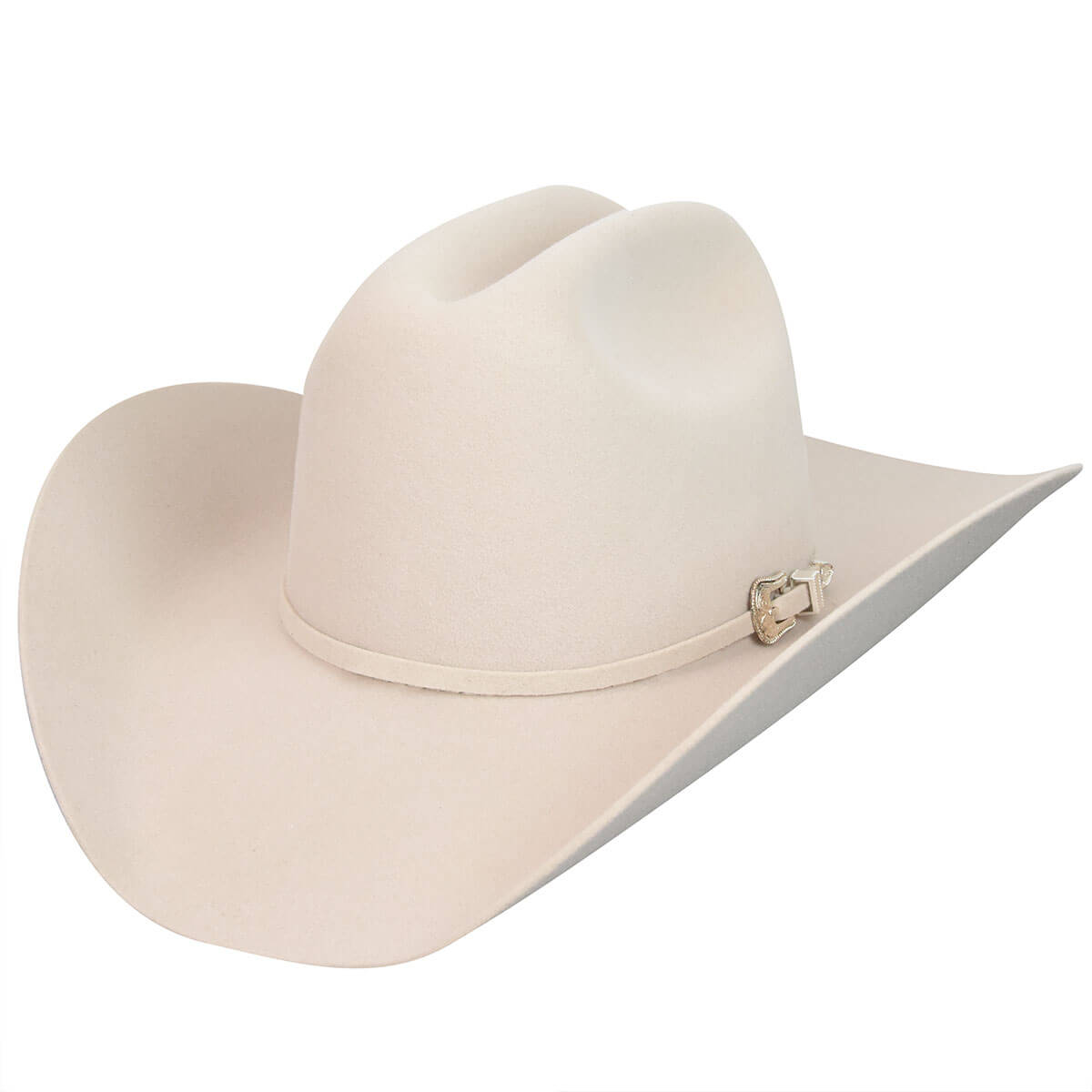 This traditional cowboy hat is formal and sharp, perfect for your next barn or western wedding. This fur blend 4X hat comes in our traditional 4 3/4" Cattleman crown, a nicely shaped scoop front 4" brim, finished with a self felt band with a silver buckle set. The Lightning 4X is fully lined and has a leather comfort sweatband. Proudly made in the U.S.A.