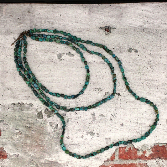 Long Genuine Natural Turquoise Triple Strand Necklace