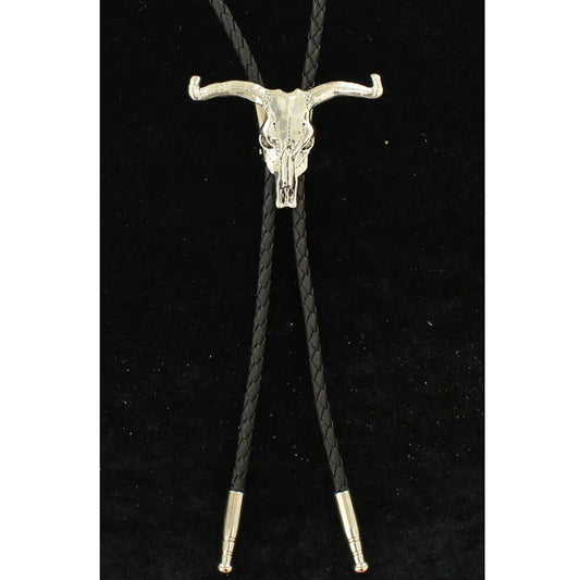 Stylish black bolo tie with a silver colored longhorn skull slide. This bolo tie will certainly get you noticed.