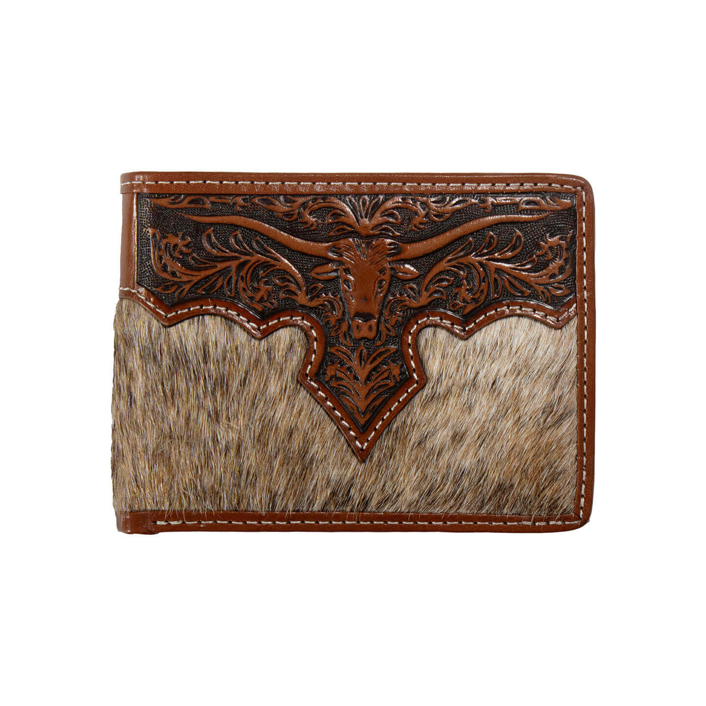 Brown leather wallet with longhorn bull design on a white background