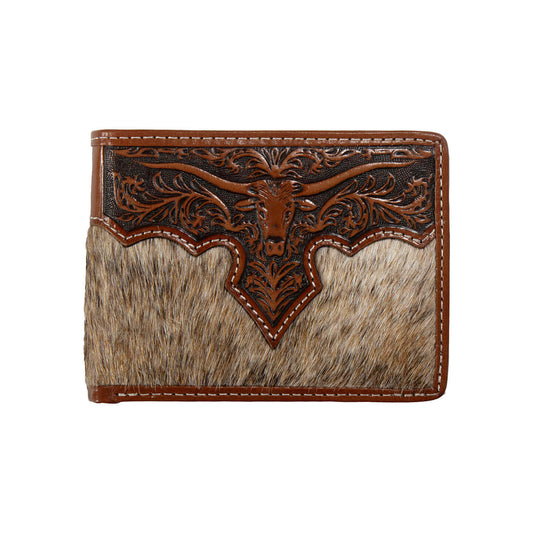 Brown leather wallet with longhorn bull design on a white background