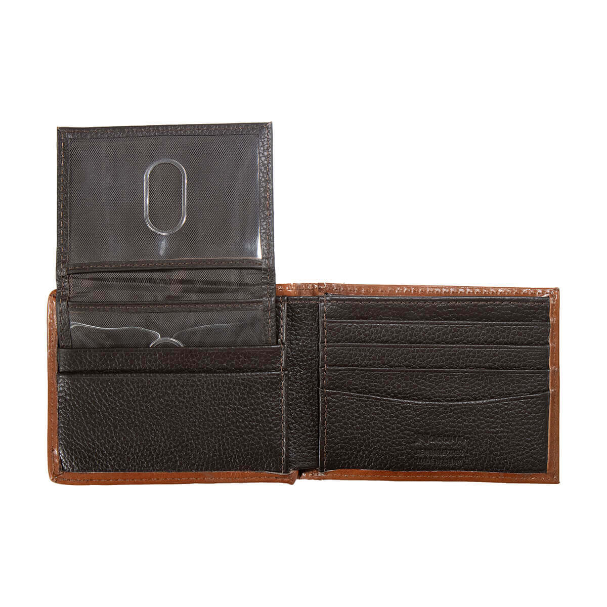 Open brown leather wallet with card slots on a white background