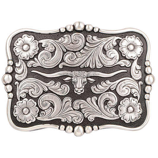 Longhorn western belt buckle features a silver rectangle shaped buckle with a dotted edge and longhorn head motif in the center with floral scrolling around it. Measures: 3 X 4. Imported.