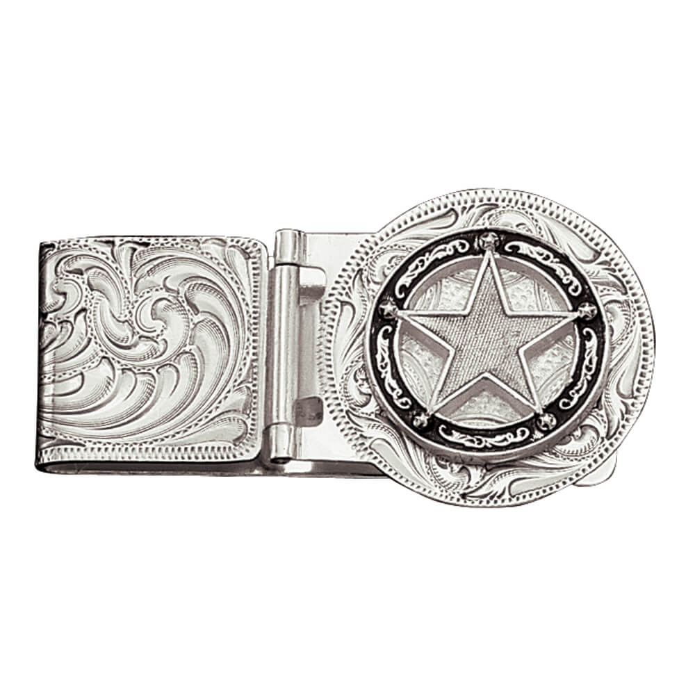 Hinged silver money clip is fully engraved with western style silver filigree all the way around. The hinged arm is in the shape of a circle, a perfect setting for the silver star Concho, accented with silver filigree scrolls and hand painted black around the circle.