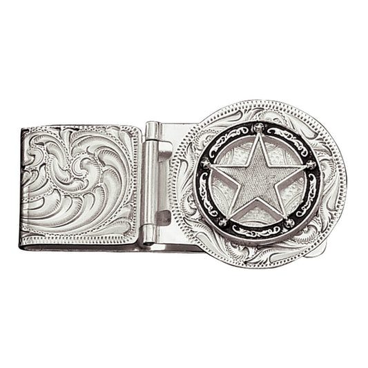 Hinged silver money clip is fully engraved with western style silver filigree all the way around. The hinged arm is in the shape of a circle, a perfect setting for the silver star Concho, accented with silver filigree scrolls and hand painted black around the circle.