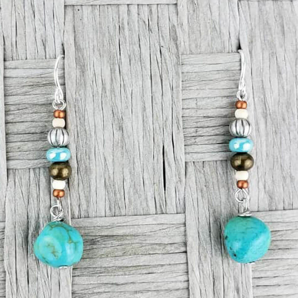 This teal stone will aid one in reaching a more emotional balanced state. Measures approx. .25″ across and 1.5″ from the base of hypoallergenic ear wires. Each pair has its own unique features and the story of its properties on the card. Handcrafted in USA. Matching Necklace Sold Separately.