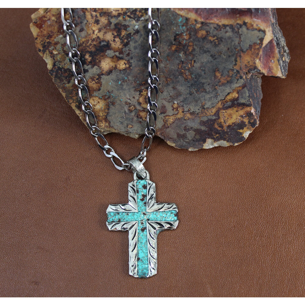 Men’s Silver Strike necklace beautiful silver cross pendant with a turquoise inlay. Sterling Silver plated. 24 inch chain. Pendant measures 2" tall by 1-3/4" wide. Imported