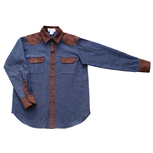 You’re sure to love this classic cowboy shirt with a modern twist. A denim western shirt contrasted with dark brown suede. The front and back yokes are accented with small brass studs. It has a button-down front with brass buttons and two front chest pockets. 100% Cotton Indigo Denim with Poly-Suede contrast. Made in USA