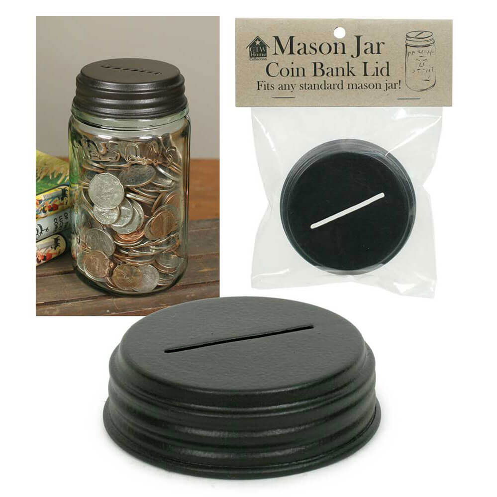 Have too much change in your pocket and don't know what to do with it? Save it in a decorative way! Use this coin bank lid on any standard Mason jar. This lid measures 2¾" dia. with a slit in the top that will accept all of your spare change. You will be saving money and your bank account will look good too! Jar Not Included.