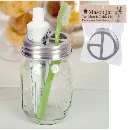 This lid fits any standard Mason jar. Turn any standard Mason jar into a toothbrush and toothpaste holder, or use it to hold other items around the craft room or kitchen. Aluminum lid is food safe, dishwasher safe, and will not rust. Jar and accessories are not included. Measurement: 3'' dia. x 7/8''H