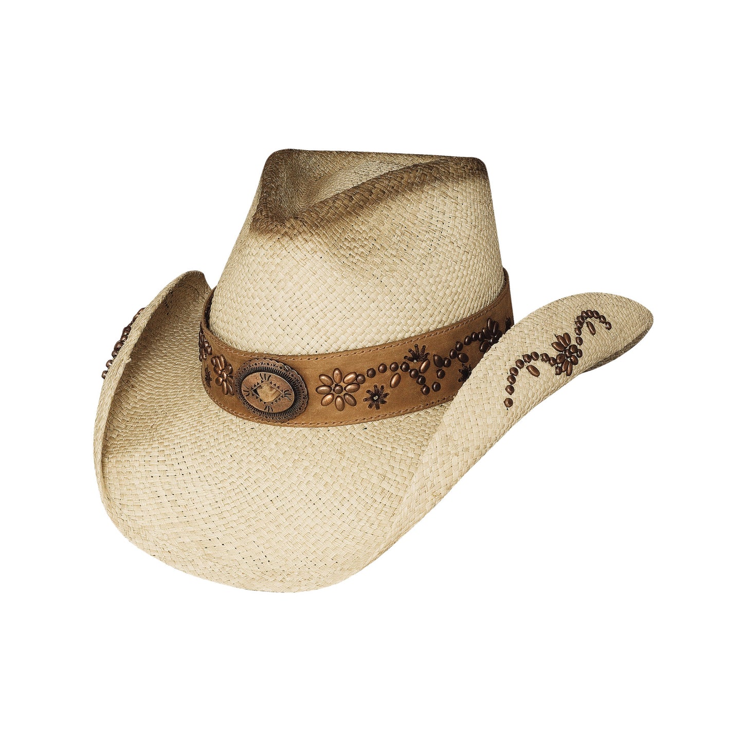 A great looking cowgirl hat is this shapeable genuine panama straw hat. It easily charms with a studded bronze flower design, which dances around the hat band and peeks out from the under brim. A bronzed oval plate in the front has a pretty etched design to match. The hat band is extra wide and pleasantly draws the eye. 