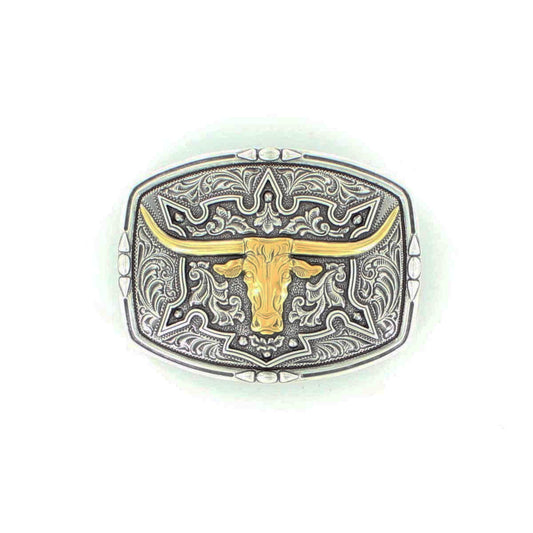 The Men's Longhorn Western Belt Buckle makes a thoughtful, memorable gift for the cowboy in your life - from your husband or boyfriend to your dad or best friend. Its substantial size and premium construction ensure it will be treasured for years to come. Floral background etched into the silver with gold longhorn head in center. Boxed for easy gift giving for that special cowboy. Rectangle buckle measures approx. 2-3/4 x 3-1/2.