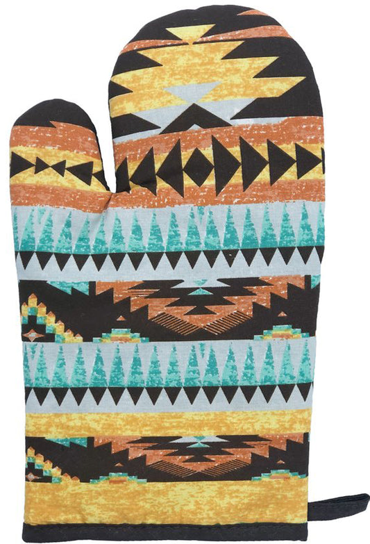 The spirit of the Southwest brightens your kitchen with the Mesa Southwest design pot holders and oven mitt in warm hues of terra cotta, sage, turquoise and yellow. Pot Holder sold in Set of Two and Oven Mitt Sold Individually. Fabric: 100% Cotton. Filling: 100% Polyester. Hand wash cold. No Bleach. Tumble dry low. Imported.