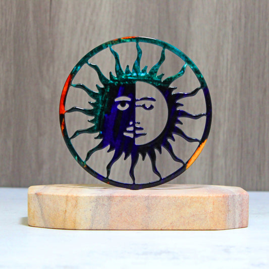 This sun moon metal rock art combines the natural beauty of solid sandstone with fusion finished laser-cut steel to create a one of kind decorative sculpture. Approximate size is 6" to 7".