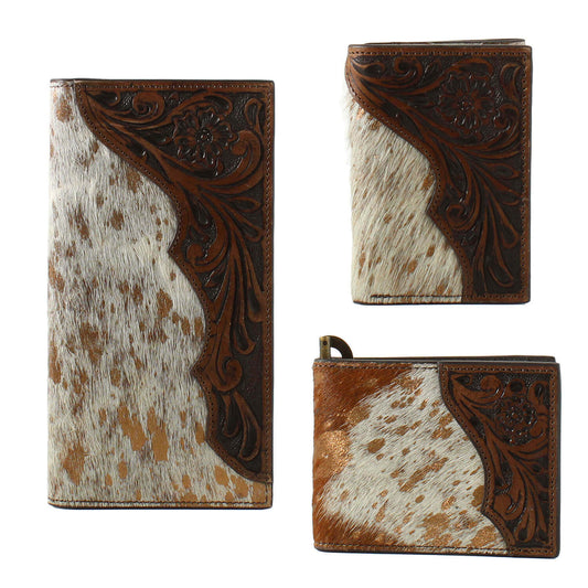 Three leather wallets with cowhide pattern and intricate designs on a white background